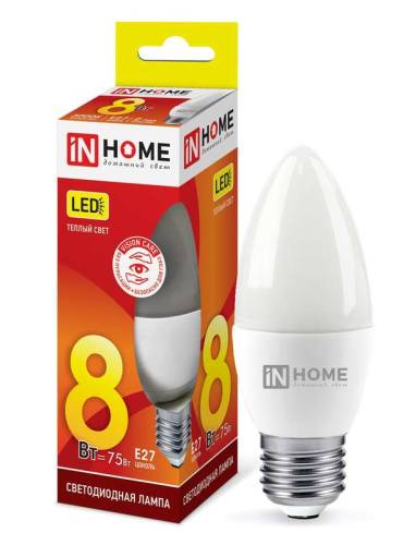 Лампа светод. LED-СВЕЧА-VC 8Вт 230В E27 3000К 720лм IN HOME 4690612020440