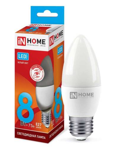 Лампа светод. LED-СВЕЧА-VC 8Вт 230В E27 4000К 720лм IN HOME 4690612020457