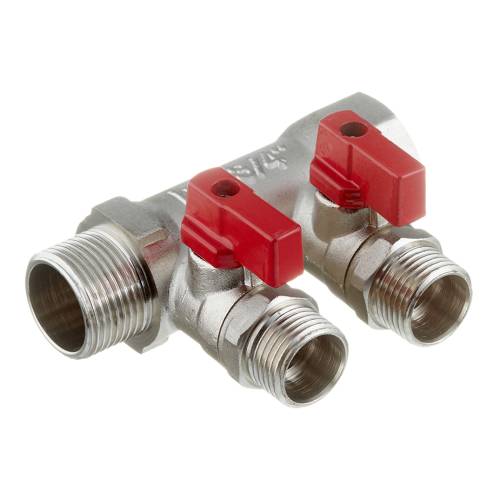 Коллектор 3/4" труба, 2 вых. на 1/2" ш. с отсекающими кранами, Valtec